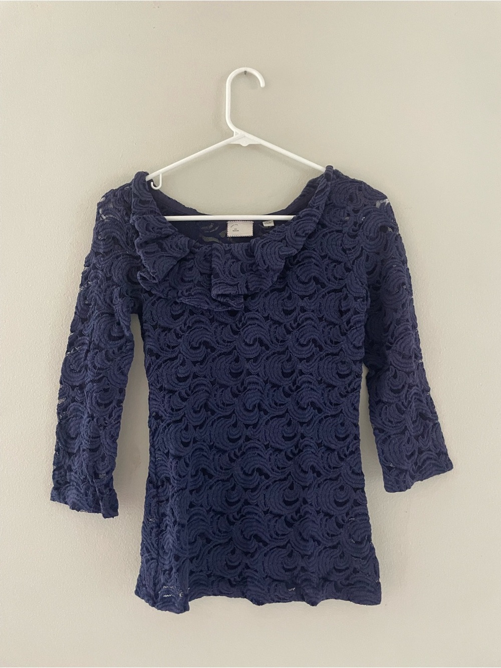 Postmark Anthropologie Navy Lace Ruffle-Neck Blouse